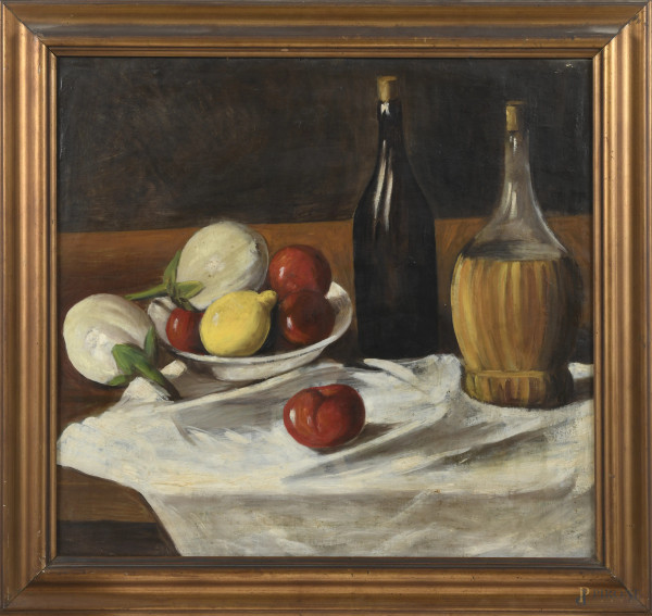 Tavola imbandita, XX secolo, olio su tela, cm 65x70, entro cornice, (segni di battitura del telaio, ondulazioni della tela, piccole abrasioni, difetti)