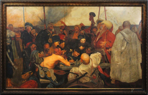 Da Il'ja Efimovič Repin (1844-1930), La risposta dei cosacchi al sultano turco, olio su tela, cm 120x200, XX secolo, entro cornice, (difetti alla tela)
