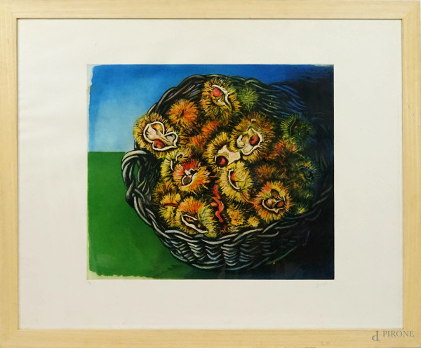 Renato Guttuso - Natura morta con cesto di castagne, litografia a colore, cm 98x122, ES. 32/99, entro cornice.