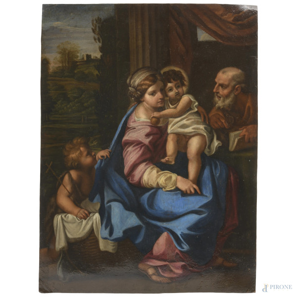 Sacra Famiglia con San Giovannino (da Annibale Carracci), XVII-XVIII secolo, olio su rame, cm 37x28, (ondulazioni del supporto, restauri)
