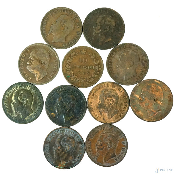 Lotto di undici monete in bronzo da 10 centesimi, diam.cm 3, (segni del tempo).