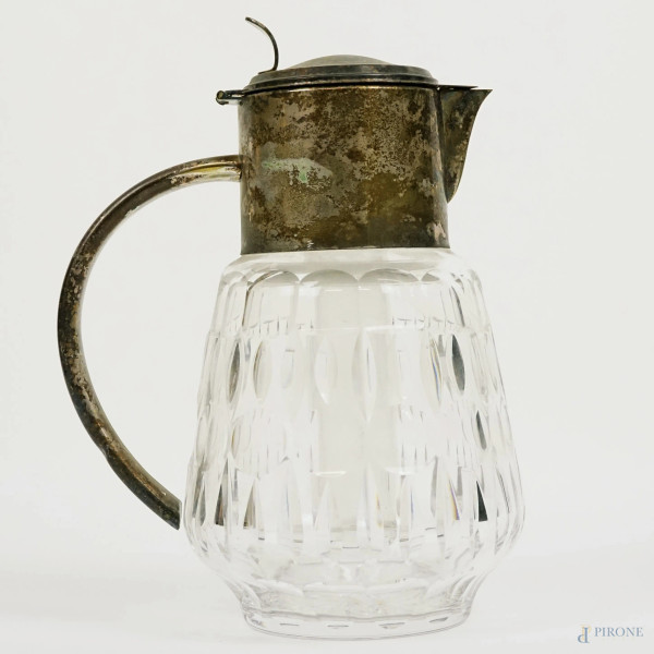 Brocca in vetro e metallo argentato, cm h 29,  XX secolo, (segni del tempo).