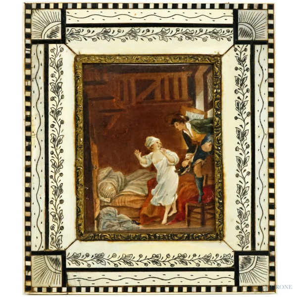 La visita dell'amante, da Pierre-Antoine Baudouin, miniatura, firmata, cm 8,5x7 circa, entro cornice