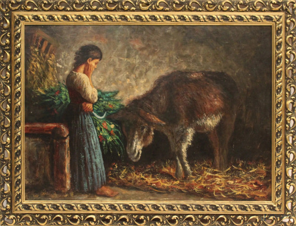 Interno di stalla con fanciulla ed asino, olio su tela riportata su tavola di compensato, cm. 49x70, firmato, entro cornice.