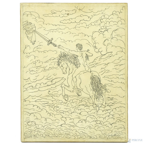 E il cielo gli diede una spada, matita su carta applicata su tela, cm 42x32, XX secolo.