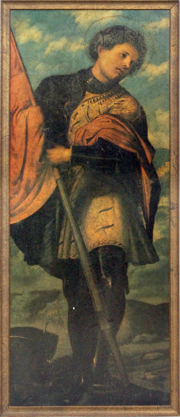 Sant'Alessandro, stampa a colori da Girolamo Romanino, cm 98,5x39, XX secolo, entro cornice, (difetti).
