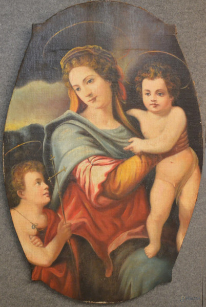 Sacra famiglia, dipinto di linea centinata ad olio su tela 63x75 cm,entro cornice.