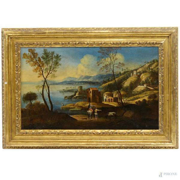 Pittore veneto del XVIII-XIX secolo, Paesaggio con viandati, olio su tela, cm 40x66,5, entro cornice