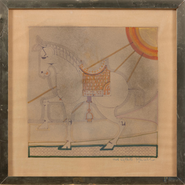 Cavallo, XX secolo, tecnica mista su carta, cm 38,5x38,5, entro cornice, (ossidazione e ondulazioni della carta)