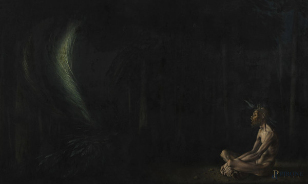 Romano Parmeggiani (Venezia, 1930 - Vicenza, 1992) , Figura nel bosco, olio su tavola, cm 53,5x87, entro  [..]