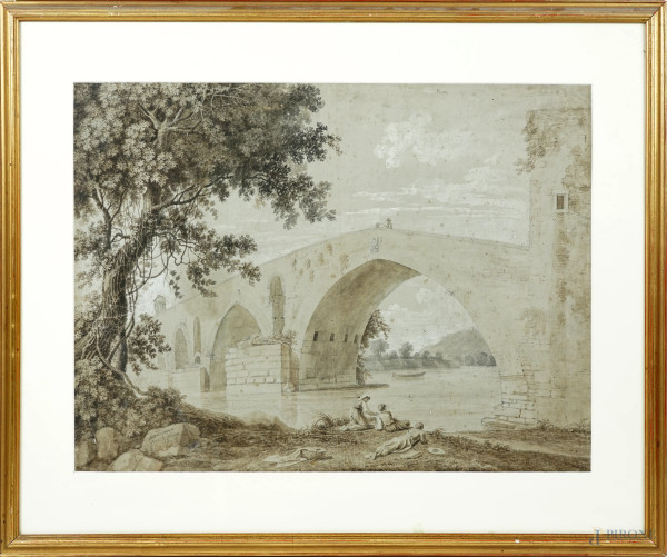 Veduta fluviale con ponte e figure, matita e acquerello su carta, XIX secolo, cm 51x62, entro cornice