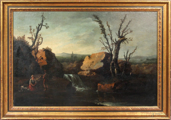 Alessio De Marchis - Paesaggio romano con figure, olio su tela, cm 68x101, entro cornice.