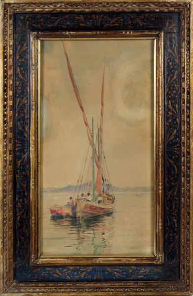 Vincenzo Laria - Marina con imbarcazioni, acquarello su carta, cm 36x19, entro cornice.
