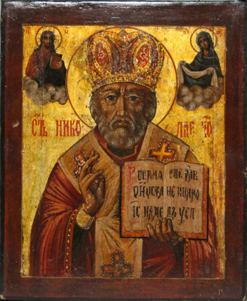 Icona a soggetto di San Nicola, Russia fine 800, 22x26 cm.