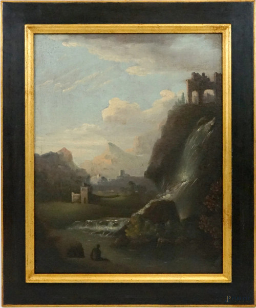 Pittore del XVIII secolo, Paesaggio laziale con cascata e figure, olio su tela, cm 62x48,5, entro cornice