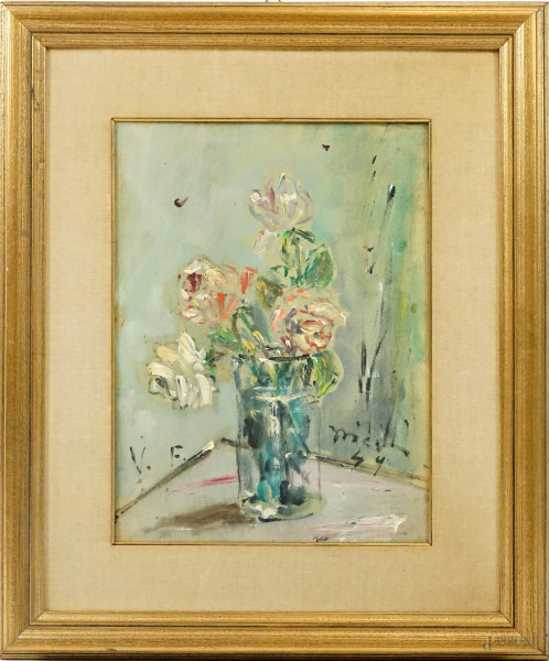 Vaso con fiori, olio su tela, cm 40x30, firmato, entro cornice