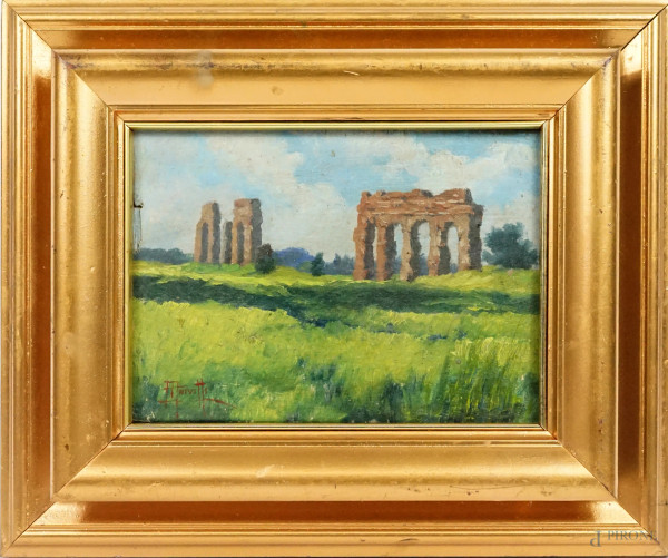 Campagna romana con acquedotto, olio su compensato, firmato, cm 16x22,5, entro cornice