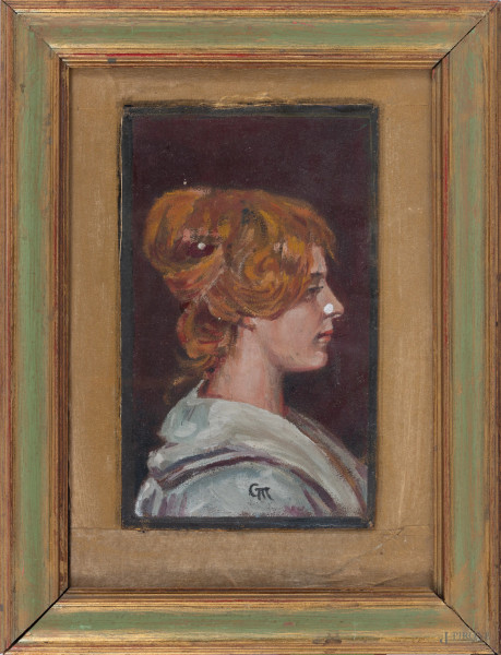 Profilo di giovane donna, XX secolo, olio su compensato, cm 19x12, siglato in basso, entro cornice, (segni di usura)