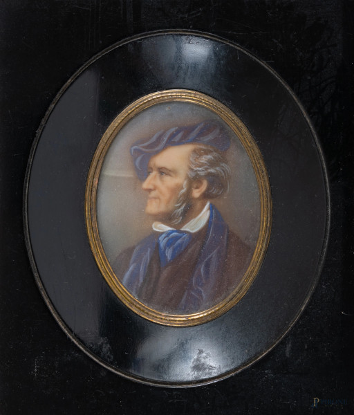 Miniatura raffigurante Richard Wagner, XIX secolo, misure  comprensive di cornice cm 16x13,5