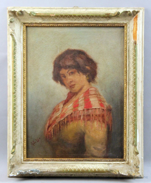 Ritratto di ragazza con foulard, olio su tela, cm. 40x30, firmato A. De Lisio, entro cornice.