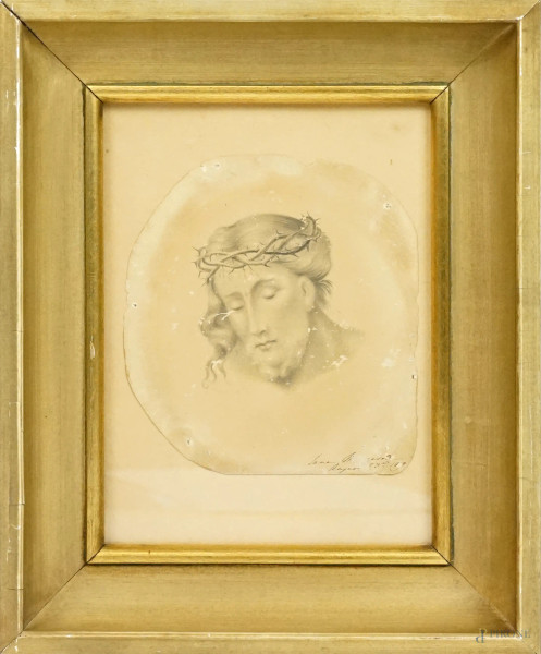 Ecce Homo, disegno realizzato a matita su carta, cm h 16,5x15,5, firmato e datato, entro cornice, (difetti)