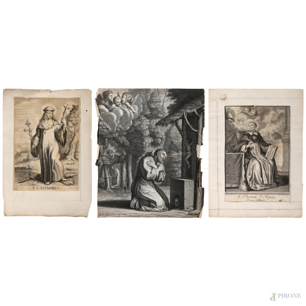 Lotto di tre incisioni raffiguranti San Francesco, San Casimiro e San Vincenzo d'Aquino, misura massima cm 51x35,5 (strappi, difetti, umidità, gore)