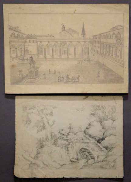 Lotto di due disegni a soggetto di paesaggio e scorcio di paese, 23x32 - 21x28 cm, XIX sec.