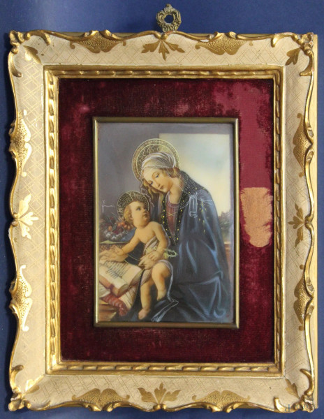 Madonna con bambino, miniatura dipinta su carta, cm 18 x 13, entro cornice.