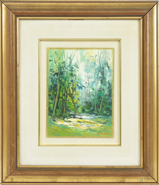 Scorcio di bosco, serigrafia su lastra in metallo dorato, cm 20x15, firmato Veneziani, entro cornice