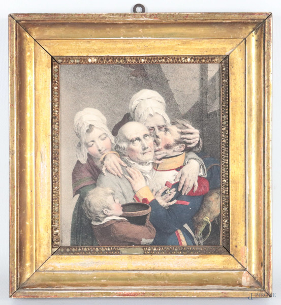 Stampa a colori su carta da Leopold Boilly, Les Sangsues, cm 20x18, entro cornice, (lievi segni di usura)