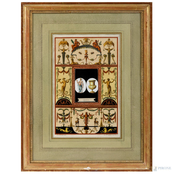 Coppia di incisioni acquerellate raffiguranti grottesche, cm 38x24, entro cornice