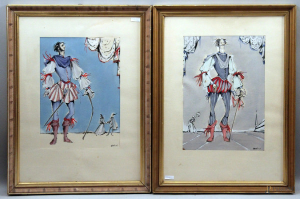 Spadaccini, Coppia dipinti a tecnica mista su carta, 46x35 cm, entro cornice firmato N.Ricci.