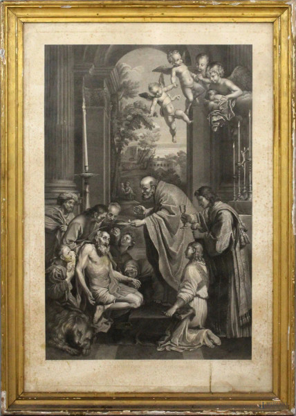 Comunione di San Girolamo, antica incisione da Domenichino, cm 84x56,5, entro cornice, (macchie)