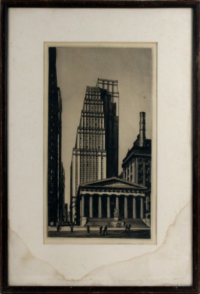 Federal Hall,  multiplo su carta, cm 36,5x20, firmato, prima metà XX secolo, entro cornice, (macchie)