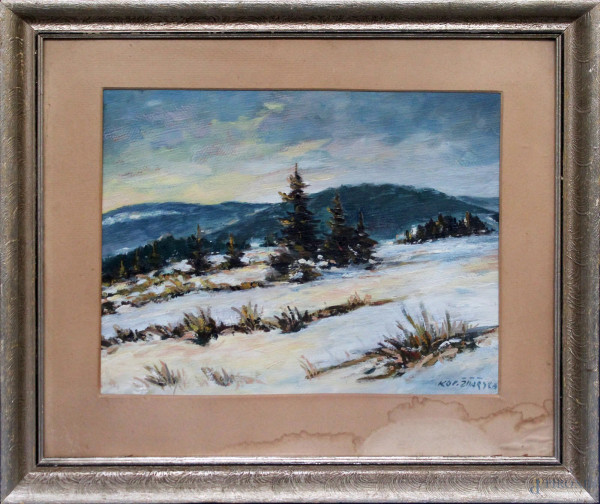Paesaggio invernale, olio su cartone firmato, Europa centrale, anni &#39;40, cm 40 x 32.