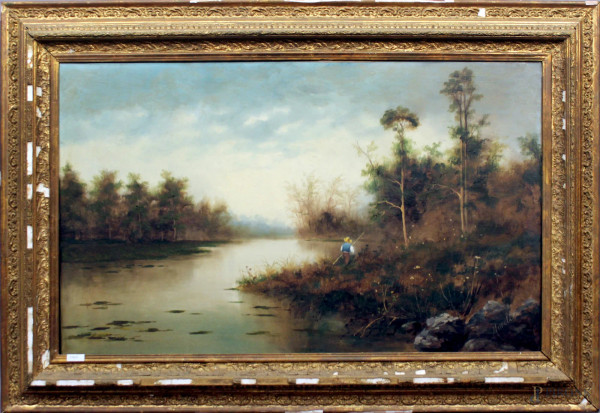 Scorcio di lago con pescatore, olio su tela, cm 65 x 105, firmato, entro cornice.