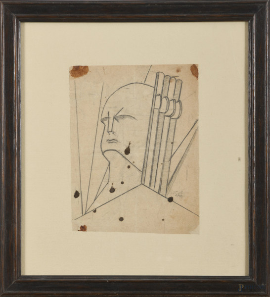 Testa del Duce, XX secolo, grafite su carta, cm 20x15, siglato e datato in basso a destra, entro cornice, (segni di usura, difetti)