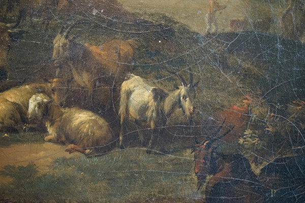 Pittore del XVIII secolo, Paesaggio con pastore e armenti, olio su tela, cm 36,5x44,5, entro corn...
