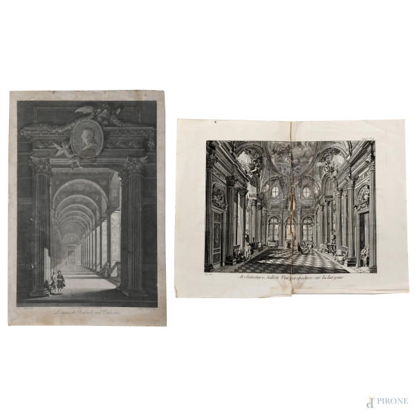 Lotto di due incisioni raffiguranti Veduta prospettica di salone e Loggia raffaellesca in Vaticano, XIX secolo,  misure massime cm 68x45, (segni di usura, tracce di umidità, gore, foxing, lacerazioni della carta, tracce di piegatura, rotture)