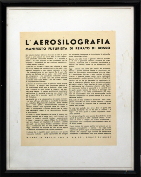 L'aurosilografia, manifesto futurista, 22x27 cm, entro cornice firmato