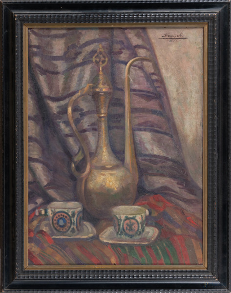 Natura morta con teiera e tazzine, XX secolo, olio su masonite, cm 61x46, firmato in alto a destra, entro cornice, (segni di usura, supporto imbarcato, abrasioni)