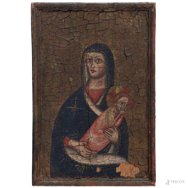 Madonna con Bambino, XX secolo, tempera su tavoletta, cm 32x22, (fessurazioni, rotture, cadute di colore, lacune, abrasioni, difetti)