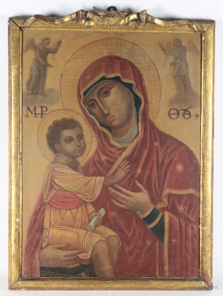 Madonna con Bambino, XIX secolo, olio su tela, cm 67x49, entro cornice, (segni di usura, abrasioni, sollevamenti e cadute di colore)