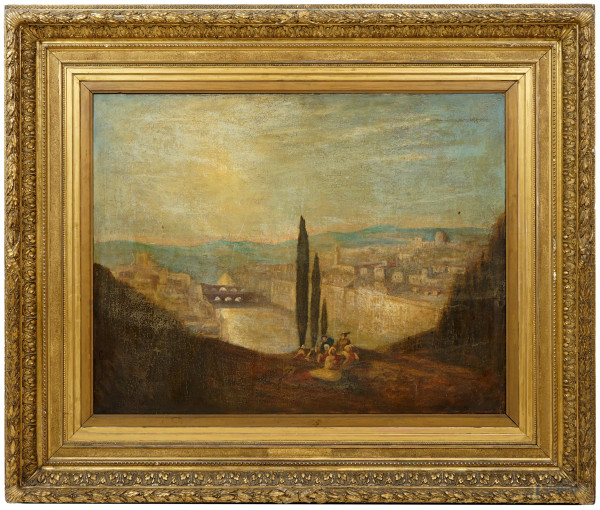 Pittore toscano del XIX secolo, Veduta di Firenze da Piazzale Michelangelo con concertino, olio su tela, cm 71.5x91.5, entro cornice, (difetti)