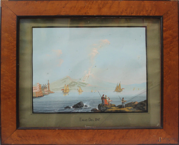 Golfo di Napoli con eruzion del Vesuvio, gouache su carta, 40x50 cm, entro cornice, firmato XIX sec.