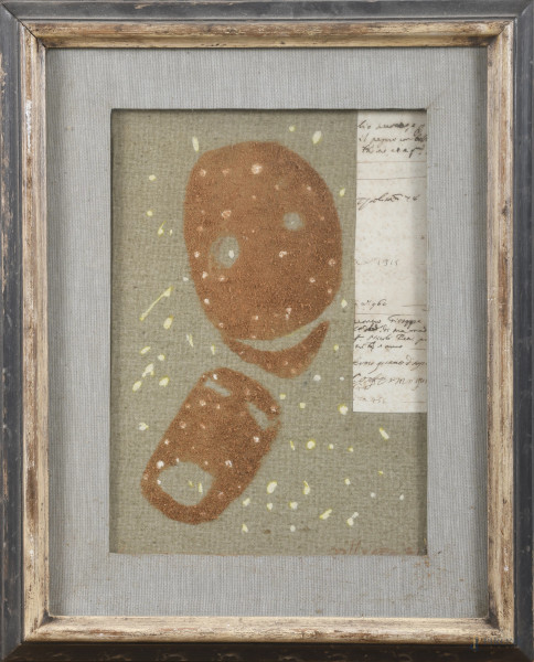 Maschere con pagina manoscritta, tecnica mista su tela, cm 35x25,  firmato e datato 