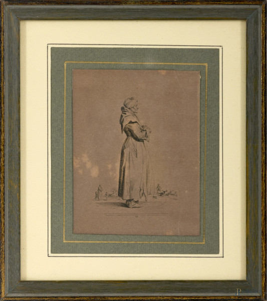 Lotto di tre stampe raffiguranti figure, XIX secolo, cm 11x8 entro cornice, (difetti)