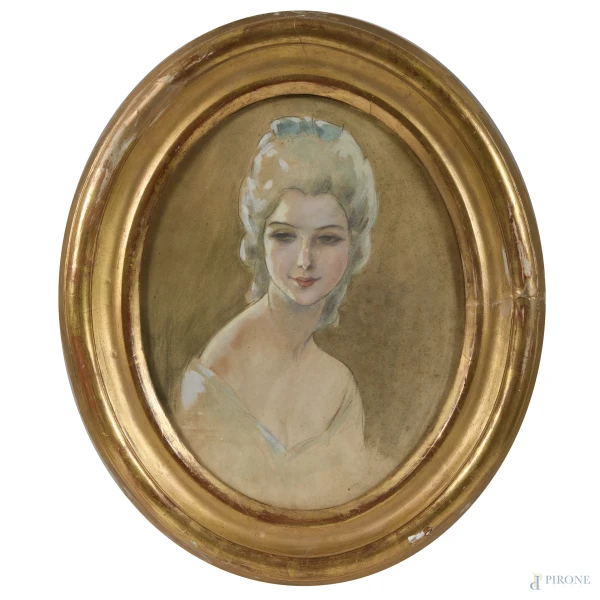 Coppia di acquerelli su carta a serto ovale raffiguranti ritratti femminili, cm 28x22 entro cornice, (tracce di umidità, foxing, difetti)