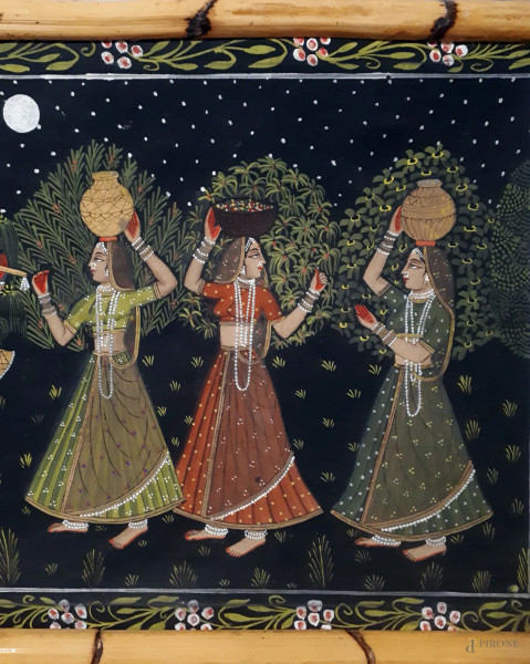 Processione con fanciulle, dipinto di arte asiatica della seconda metà del XX sec., tecnica mista...