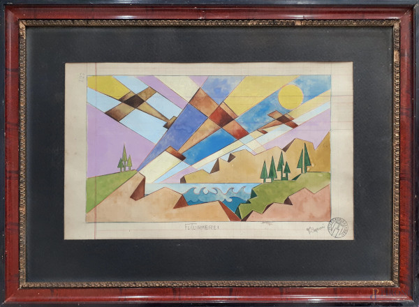 Vittorio Caproni (XX sec.) Aeropittura, tempera su carta, cm 22x35, titolato "Futuraerei" in bass...